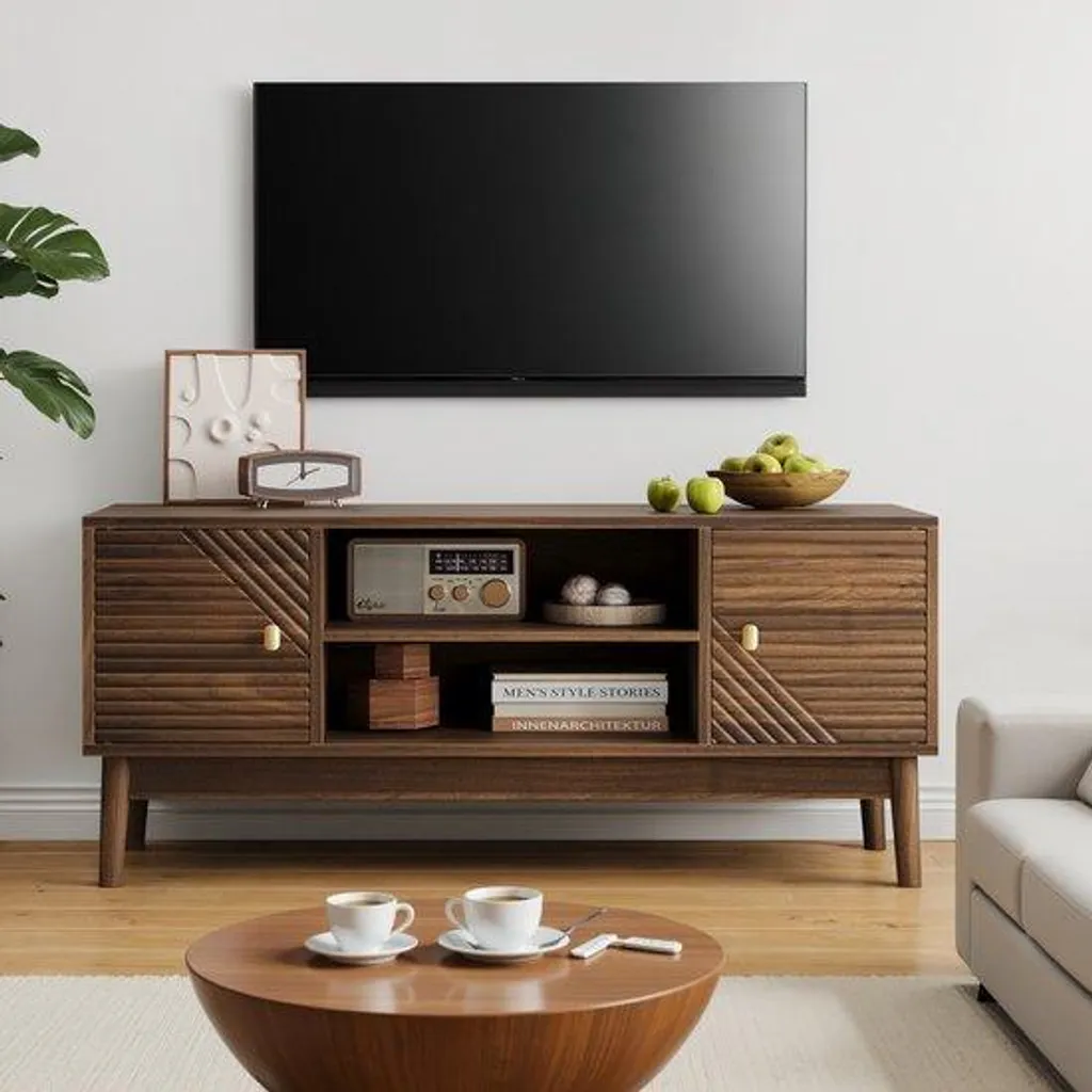 Banc TV en bois 110 cm style rétro médiéval pour écran plat et média