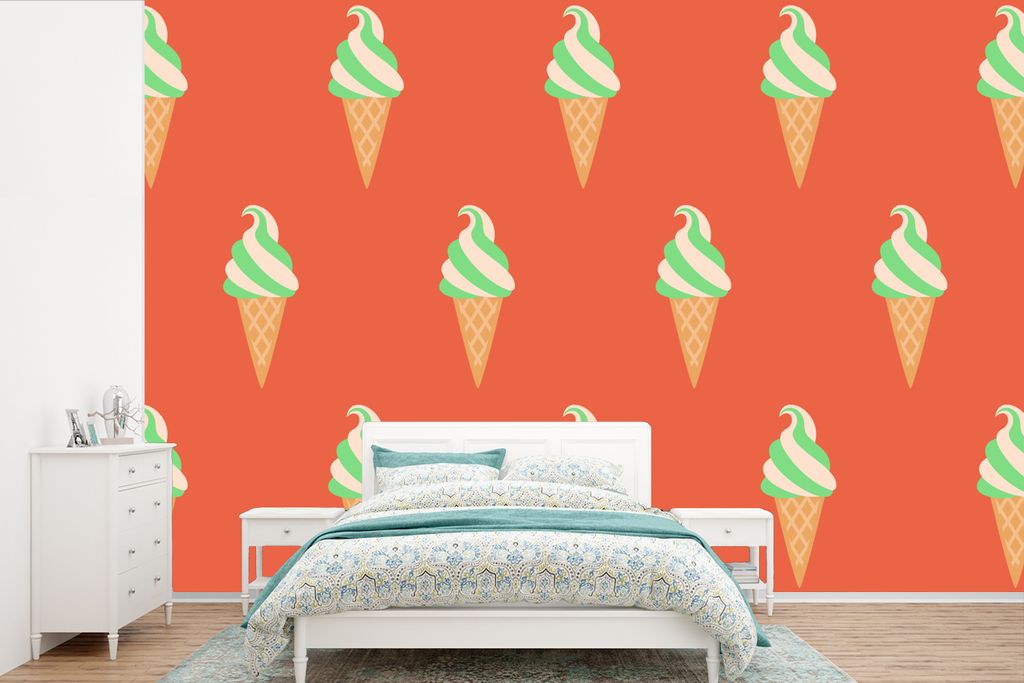 MuchoWow Fototapete für Wohnzimmer oder Schlafzimmer Wandtapete Vinyl Motivtapete Eiscreme - Muster - Rot - Grün - 525x350 cm - Das Hintergrund...