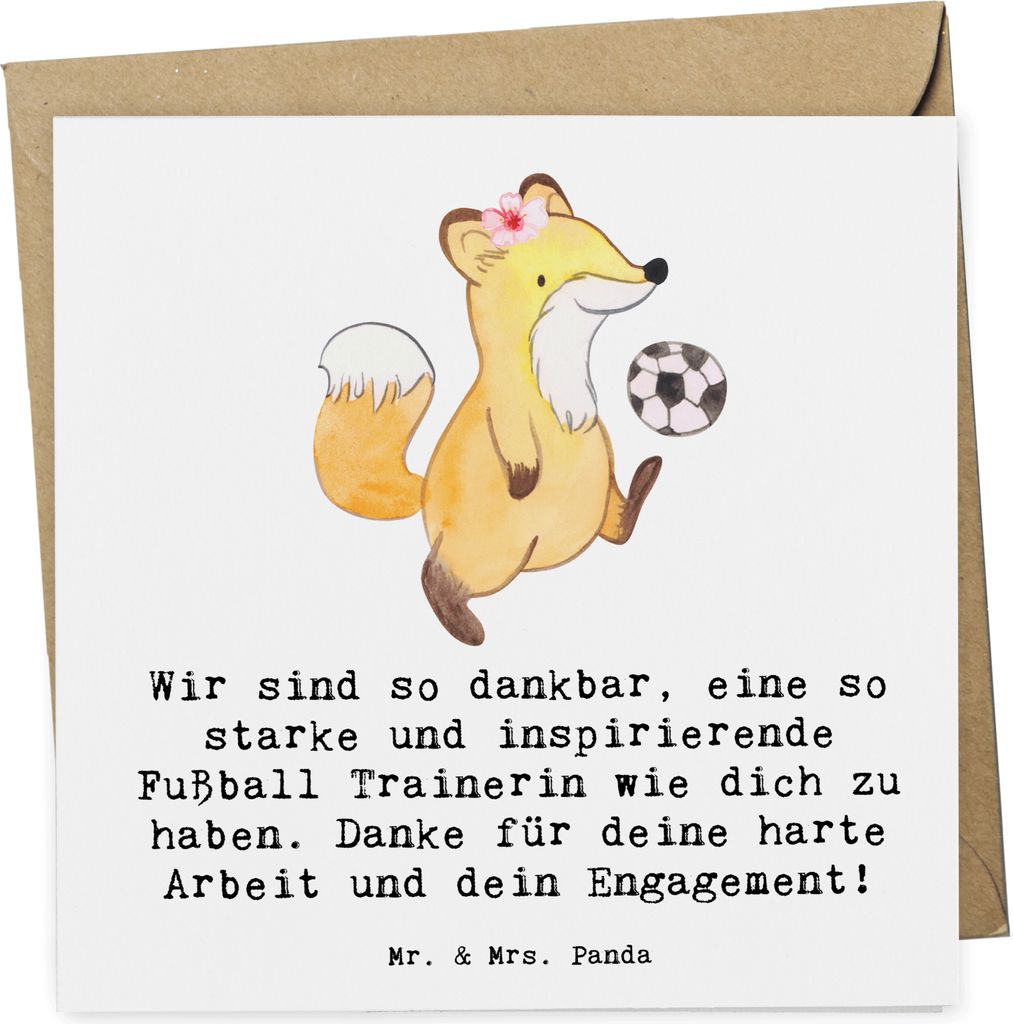 Mr. & Mrs. Panda Grußkarte Fußball Trainerin Dankbarkeit - Weiß - Geschenk, Mannschaft, anlasskarte, Sportart, Danksagung, Glückwunschkarte, do...