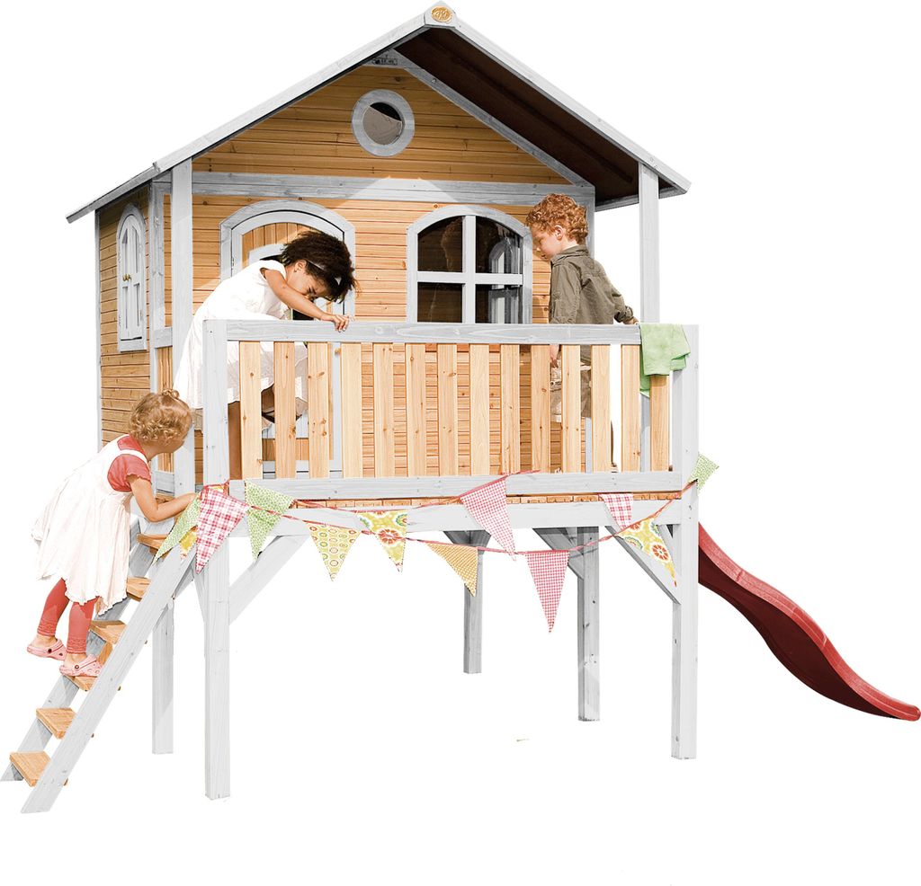 AXI Spielhaus Sophie mit rote Rutsche | Stelzenhaus in Braun & Weiß aus Holz für Kinder | Spielturm mit Wellenrutsche für den Garten