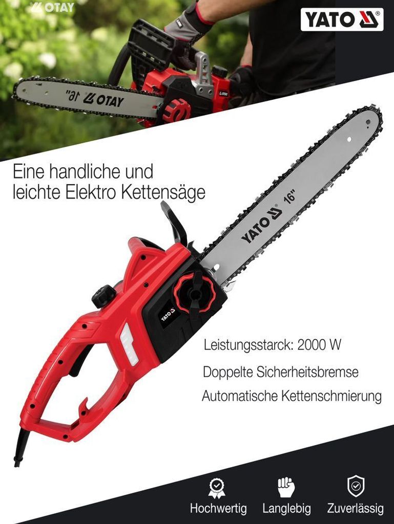 YATO Elektro Kettensäge 1600W Elektrische Motorsäge Schwertlänge 40cm inkl. Sägekette Schwert