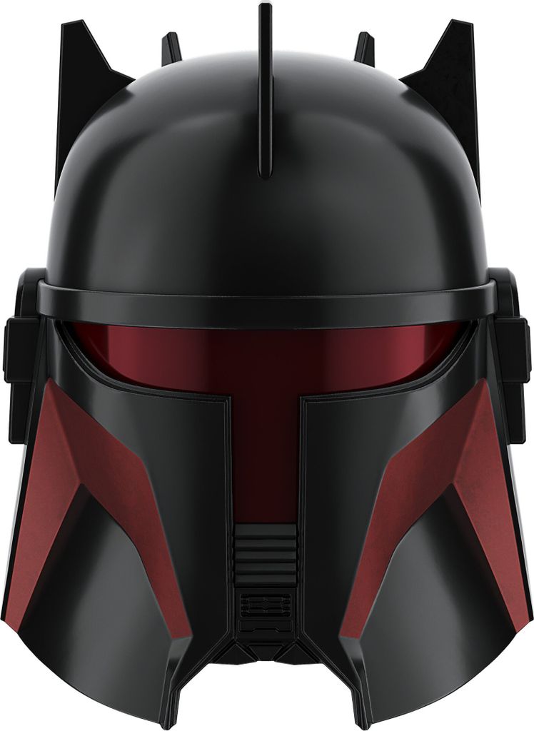 A front view of a black and red Star Wars helmet.