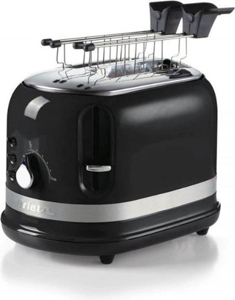 A black and silver toaster on a white background.