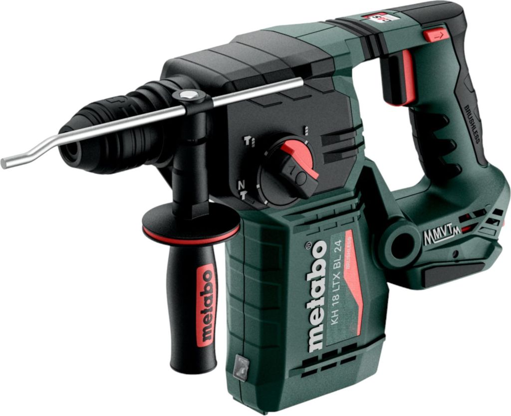 A studio shot of a Metabo KH 18 LTX BL 24 cordless rotary hammer.