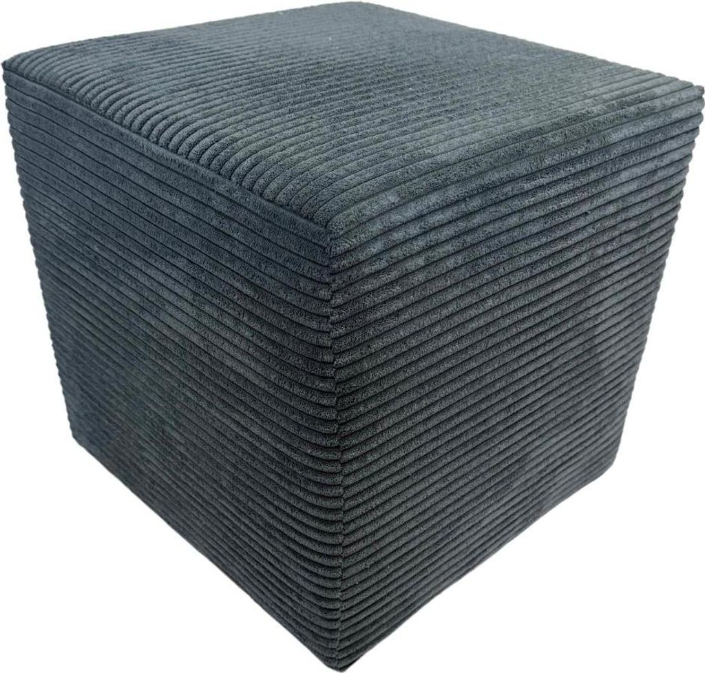 A gray corduroy cube ottoman is shown against a white background.