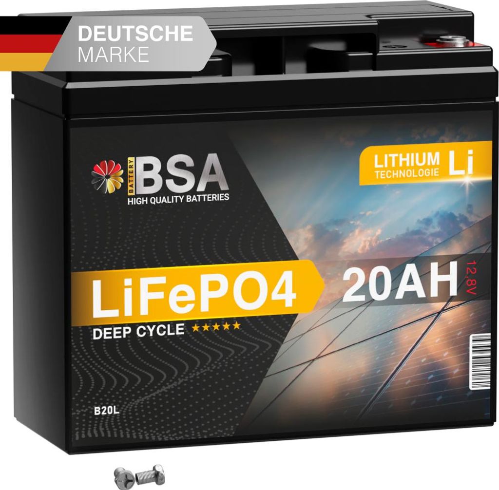 BSA LiFePO4 12V 20Ah Lithium Batterie –Solar Akku für Photovoltaik, Wohnmobil, Boot, USV – ersetzt 22Ah/24Ah