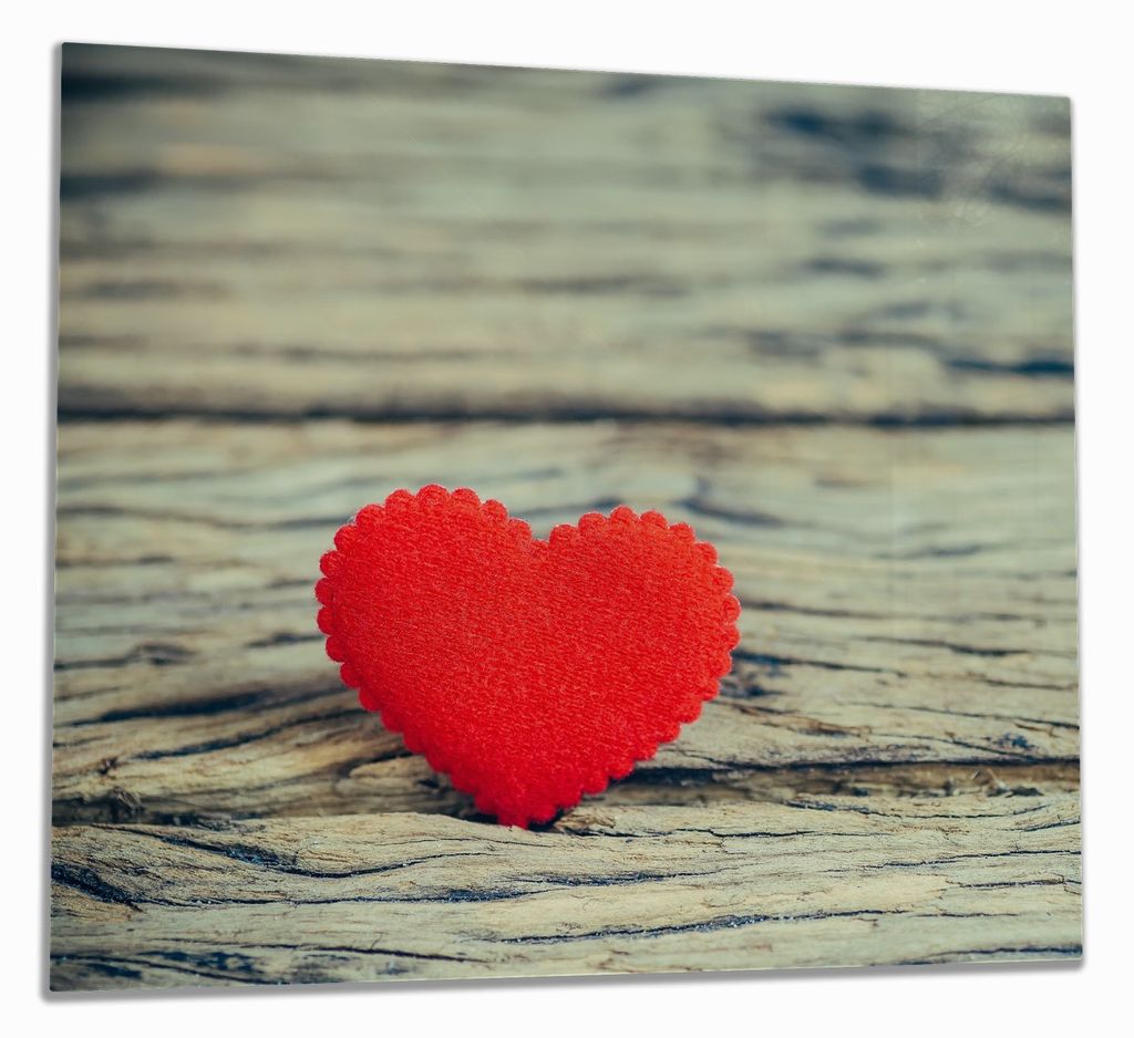 Wallario Herdabdeckplatte aus Glas, Größe 60 x 52 cm 1-teilig, Motiv Liebe mein Valentin - Rotes Filzherz auf Holz