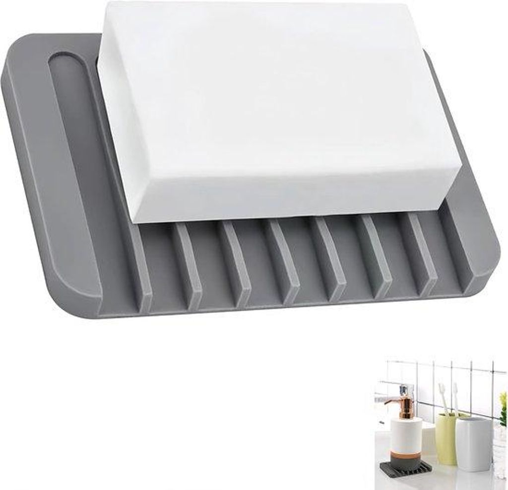 Silikon Badkamer- und Küchen-Schalen Set, antislip, Naturwasserablauf, ideal für Seife, Schwämme und kleine Gegenstände, grau