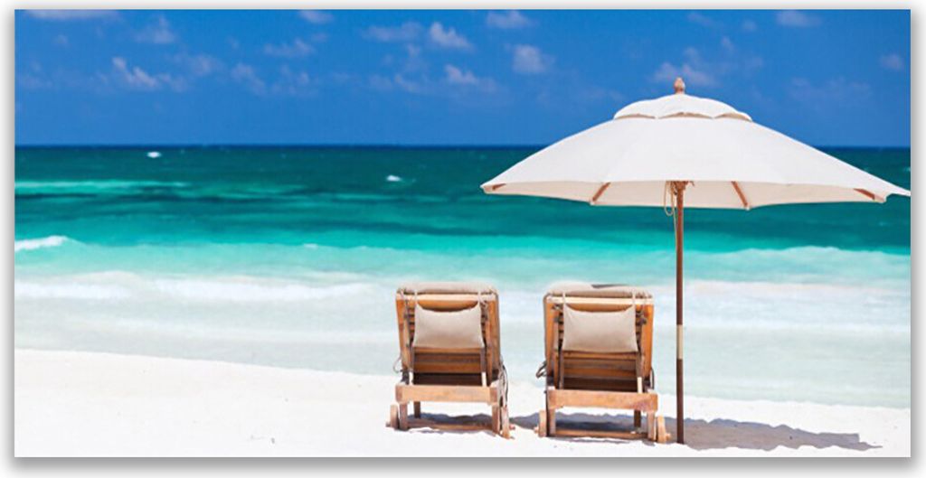 Glasbilder 120x60 Wandbild Druck auf Glas Strand Liegestühle Landschaft