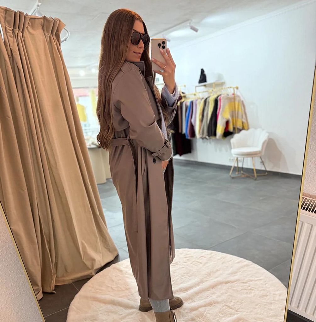 Ledertrenchcoat Damen "Abby" Camel - 1,28 m - Leder Trenchcoat, Leder Mantel, Lederjacke, für Frauen Ledermantel mit Gürtel zum binden & Knöpfen