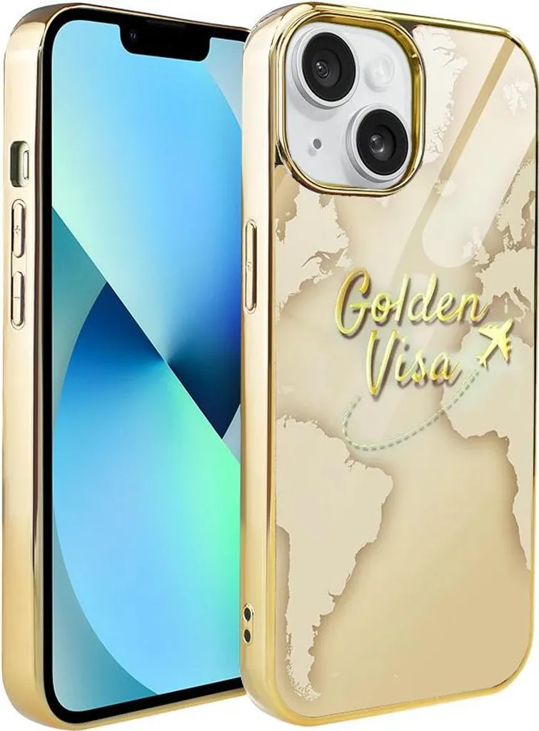 Custodia IBIZU Elite Glass 3D iPhone 13 Oro - Mappa del Mondo Luxury