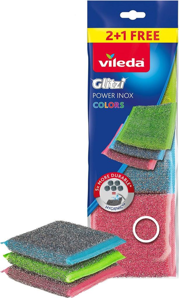 Vileda Scheuerschwamm Glitzi Power Inox Colors 2+1 Produktbild 