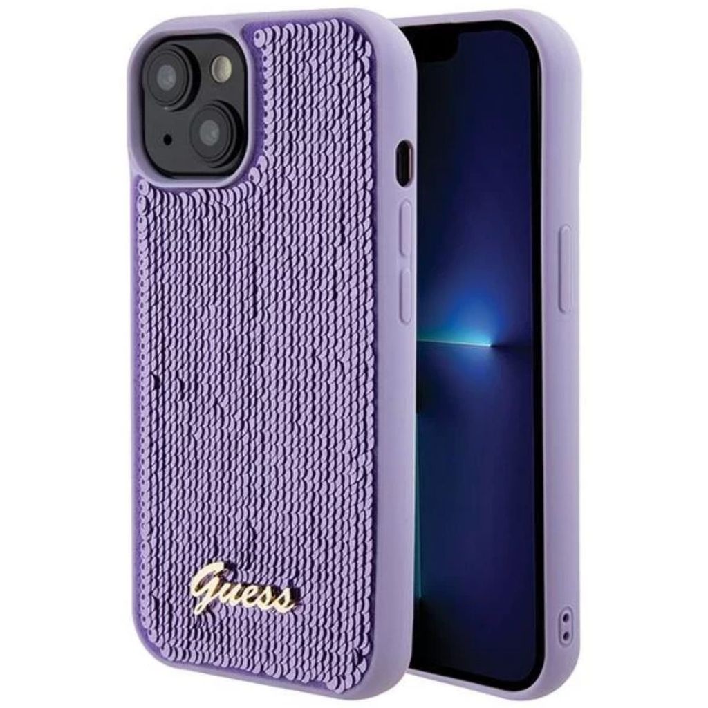 Guess Pailletten-Schriftzug-Metallgehuse fr iPhone 15 Lila Handyhlle