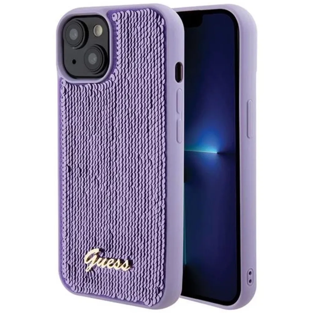 Guess Guhcp15Spsfdgsu Custodia rigida per Iphone 15 / 14 / 13 6.1 Fioletowy/Purple Sequin Script Metal