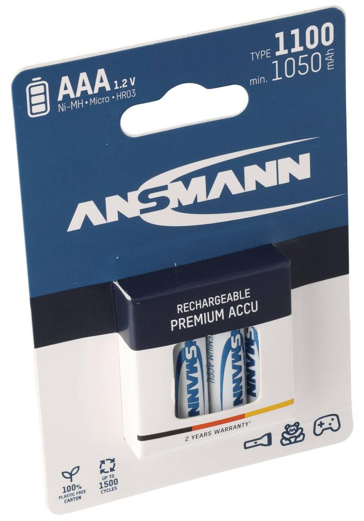 Ansmann NiMH Akku Micro, AAA, LR03, 1,2 Volt mit 1100mAh im 4er Pack