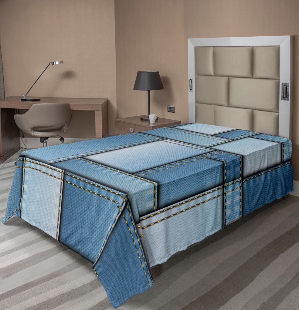 ABAKUHAUS Land Bettlaken, Patchwork der unterschiedlichen Größe blau getönten Formen Muster mit vertikalen Warp Beam Artprint, weiches bequemes ...