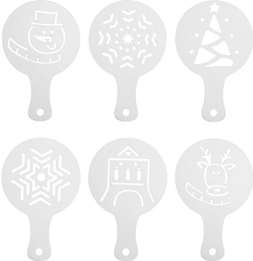 Six white coffee stencils with Christmas-themed designs arranged in two rows of three.