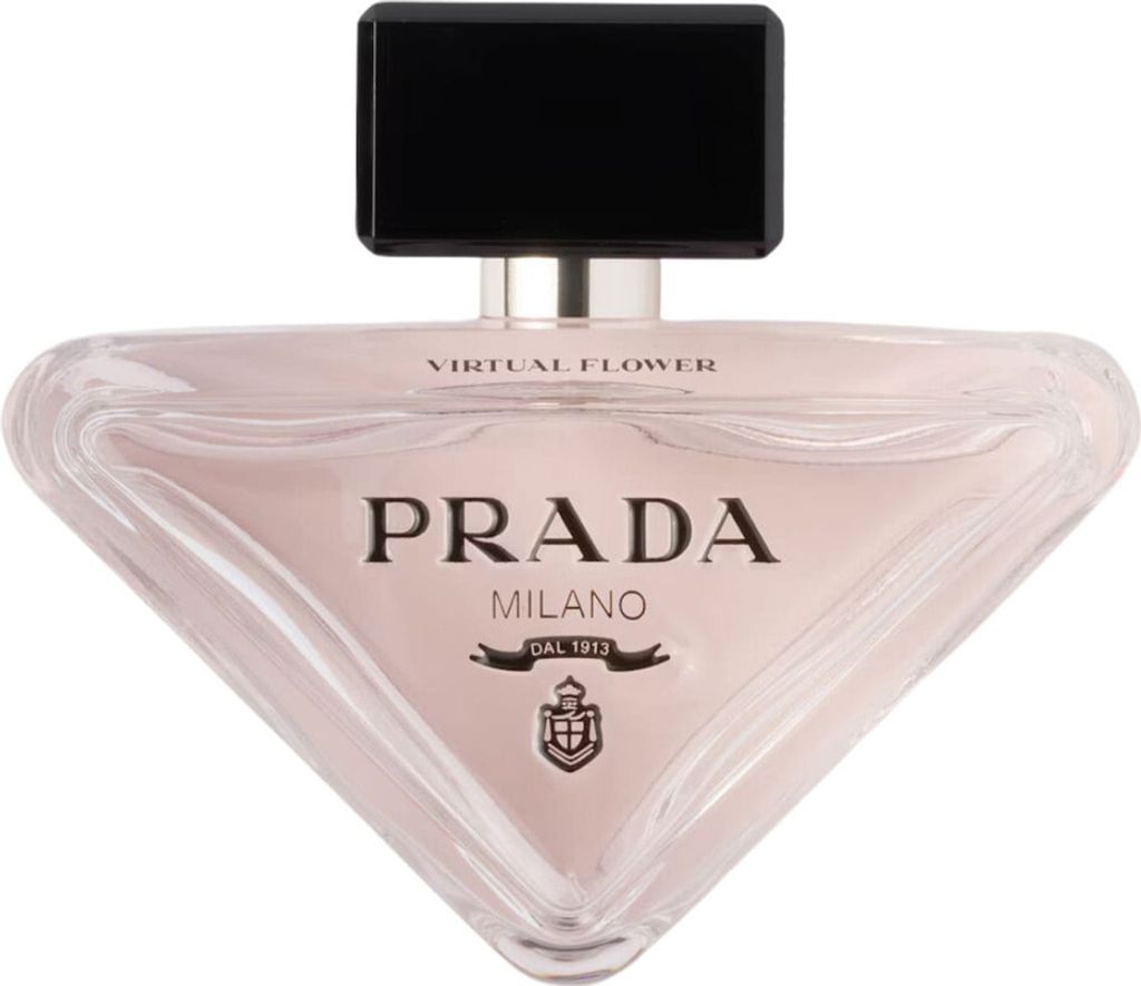 A triangular glass perfume bottle with a black cap.