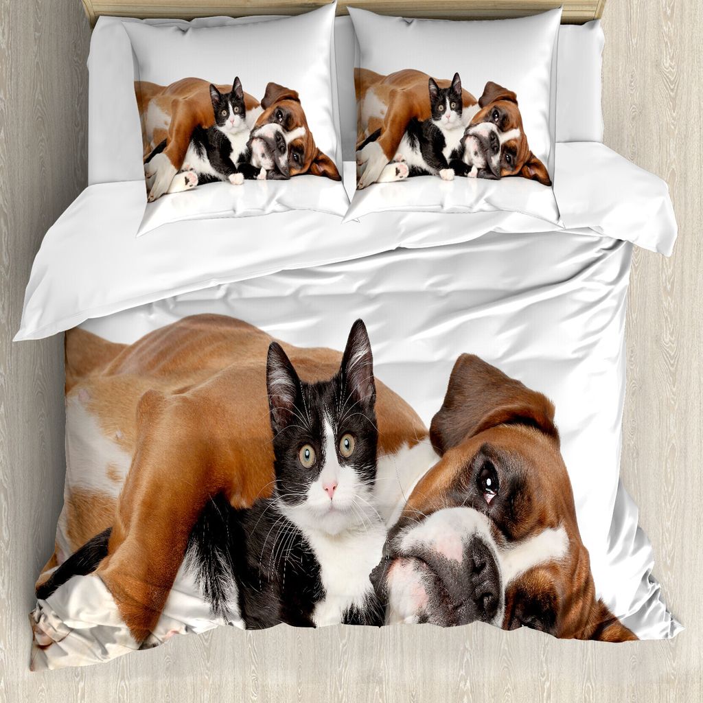 ABAKUHAUS Komisch Bettbezug, Katze Hund Friendship, Milbensicher Allergiker geeignet mit Kissenbezügen, 200 cm x 200 cm - 80 x 80 cm, Braun Schwar...