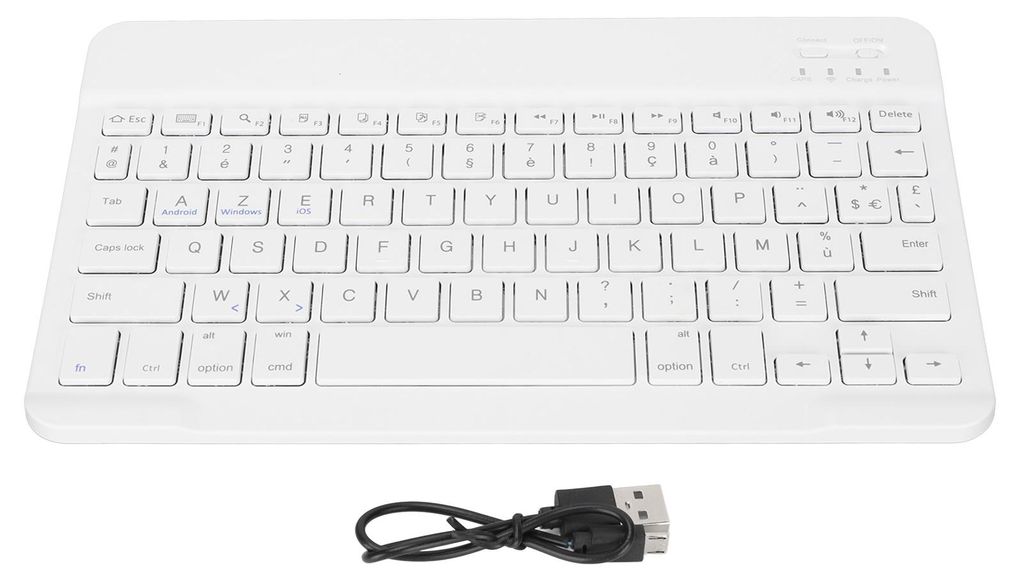 10 Zoll kabellose Tastatur, schlank, wasserdicht, Scherenstil, Bluetooth, Französisch, AZERT für Tablet, Telefon, Computer, Weiß