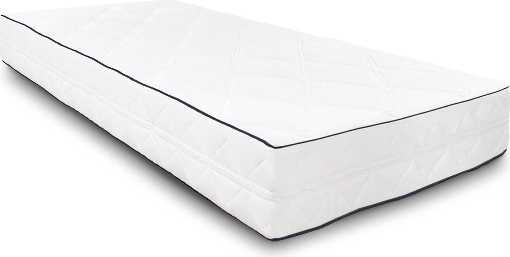 A white mattress with dark blue piping is shown on a white background.