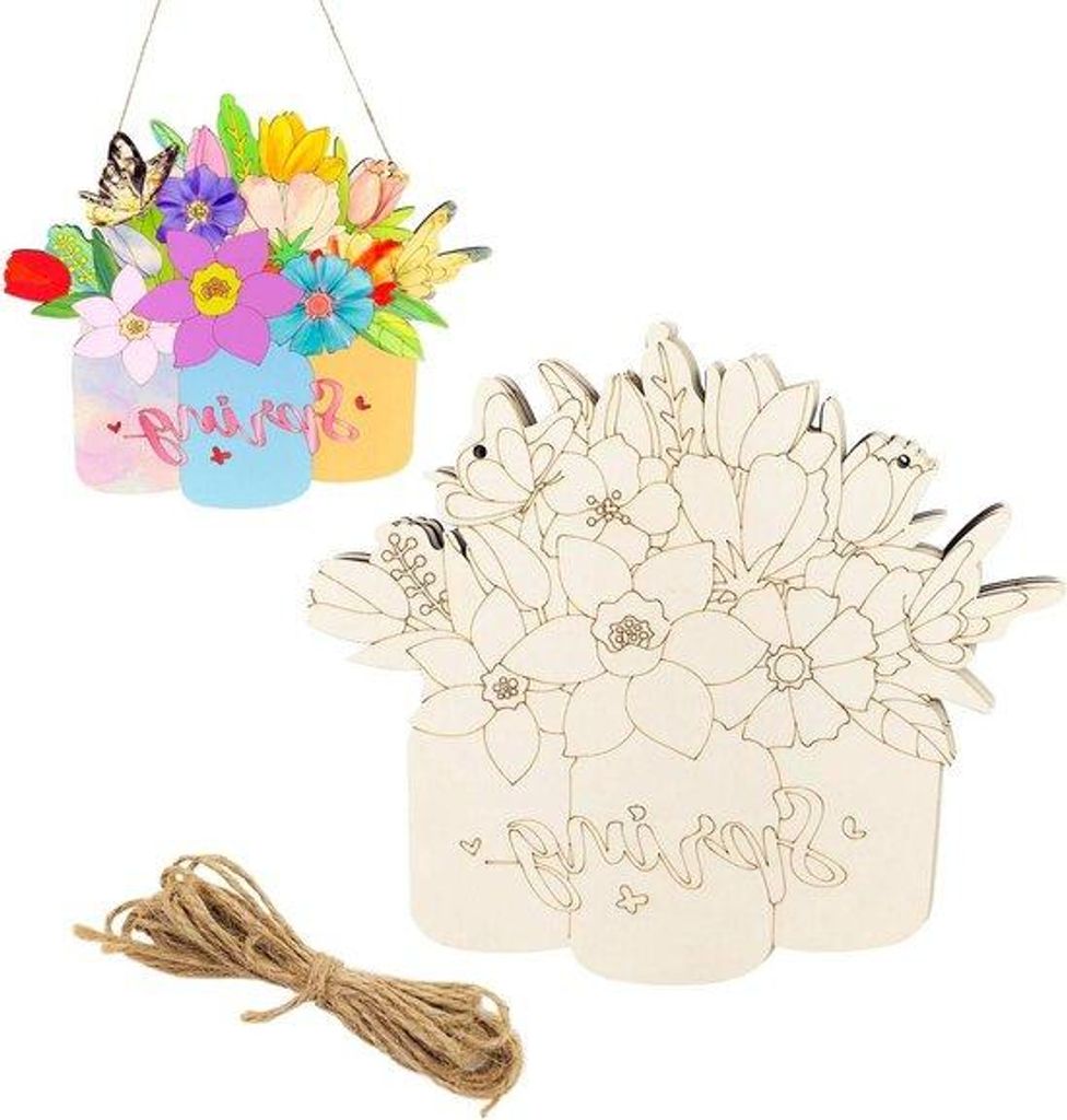 Holz Blumen-Ornamente - Frühlingsdekoration - Kreatives Basteln - Übermalbares Material - 3 Stück 28cm - Natur
