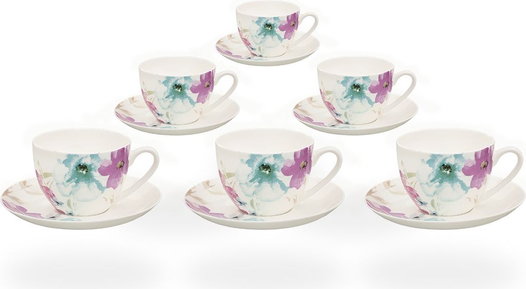 Buchensee Teetassen / Kaffeetassen Porzellan, 6 Tassen je 210ml, Blumendeko, Fine Bone China