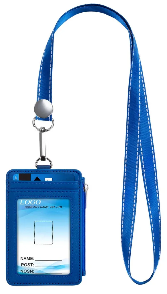 Porte-cartes avec lanière amovible et étui d'identité bleu simili cuir