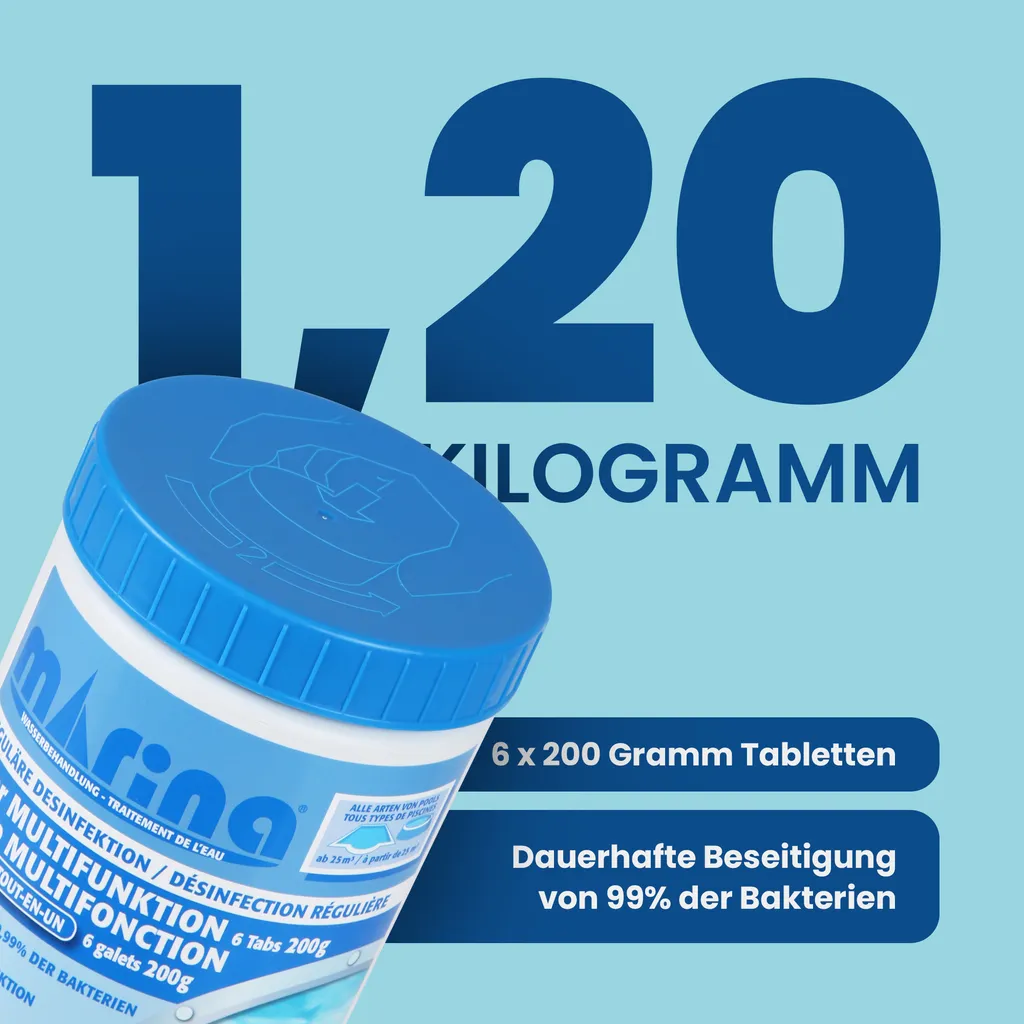 Marina Chlor Multitabs 200g - Pastiglie per piscina - Pastiglie di cloro ( 1 x 1,2kg ) Multifunzione 5 in 1 - per piscine da 25m³