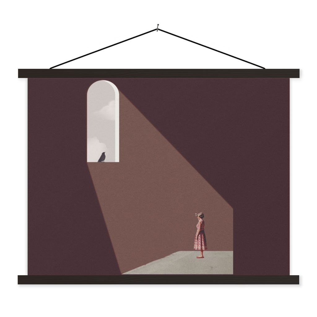 MuchoWow Textilposter Mädchen - Vogel - Vintage 120x90 cm mit schwarzem Rahmen - Aufhänger für Poster