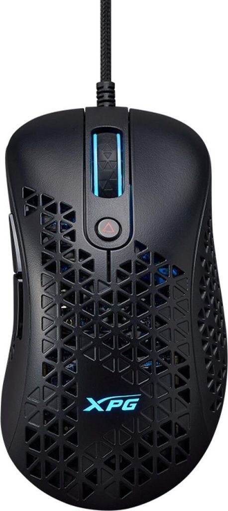 A black gaming mouse with a triangular patterned body and blue LED accents.