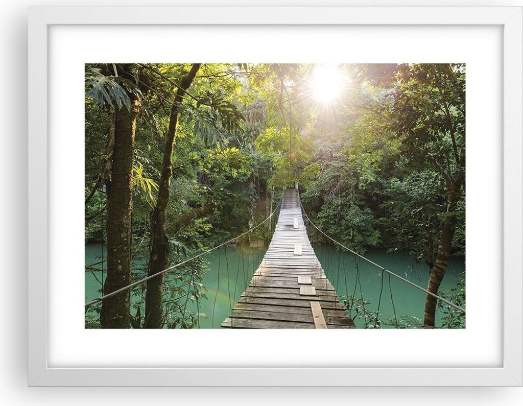 Gerahmtes Poster - Weißer Rahmen - Brücke Seil Dschungel - 40x30 cm - Wand Bild - Wanddeko - Wandbilder - Kunstposter - Wandposter - Bilderrahmen...