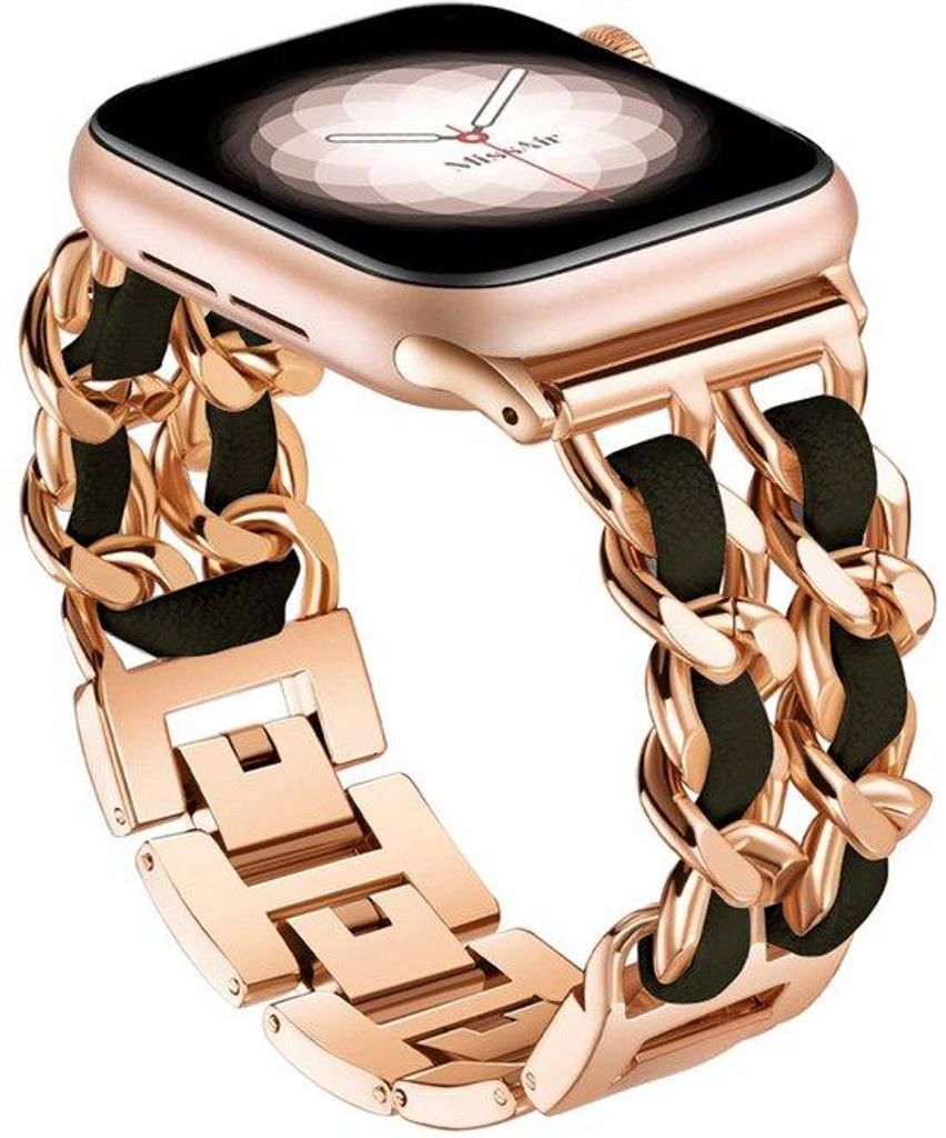 FFO2World Leder- und Metallarmband für Apple Watch 38–42 mm (Serie 1–11 & SE) – Verstellbares Gliederarmband mit Echtleder-Details – Rosé...