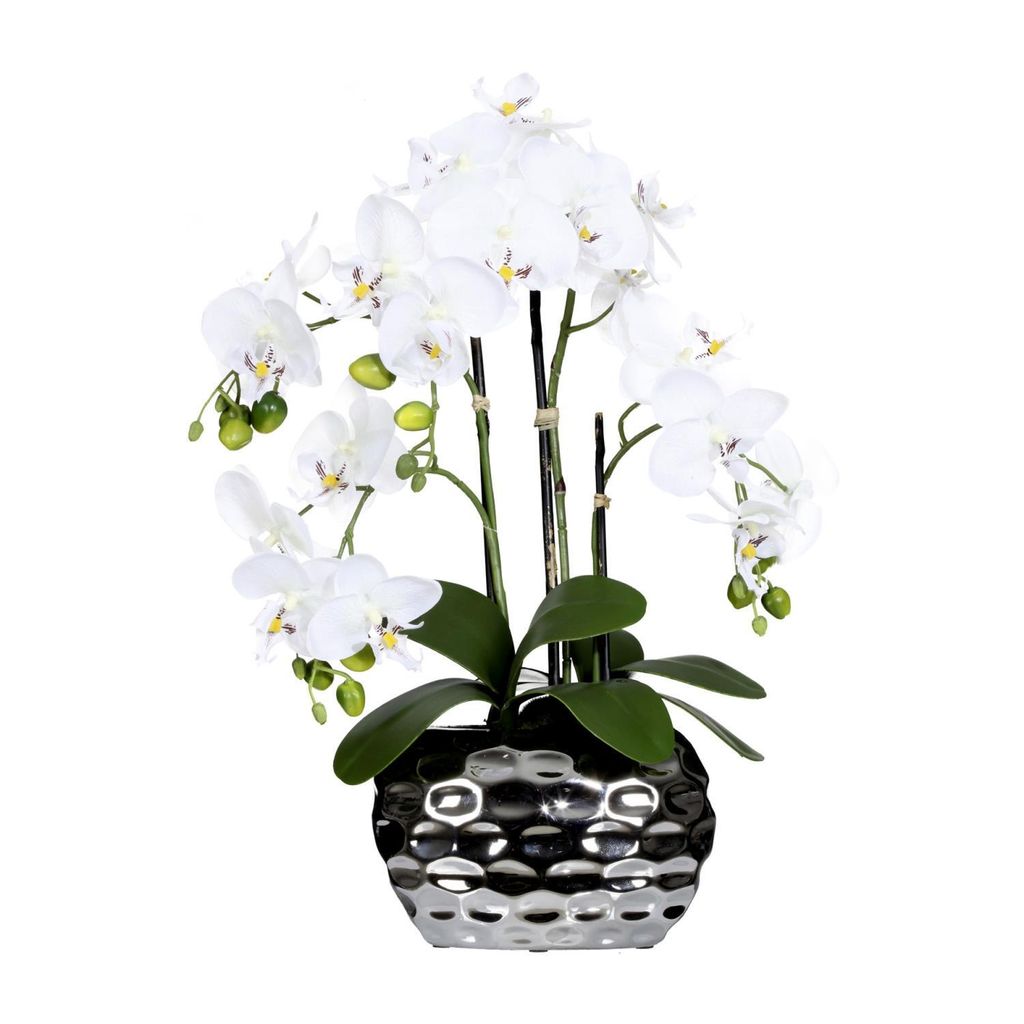 künstliche Orchidee mit 4 Rispen H. 55cm weiß in silberner ovaler Vase GASPER