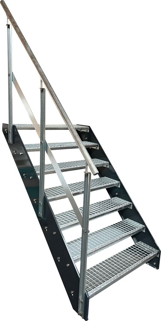 Gitterrost Stahl Wangentreppe 7 Stufen Geländer links - Verzinkt & Anthrazit Pulverlackierte Wangen - (B x H x T) 80 x 133 x 139 cm