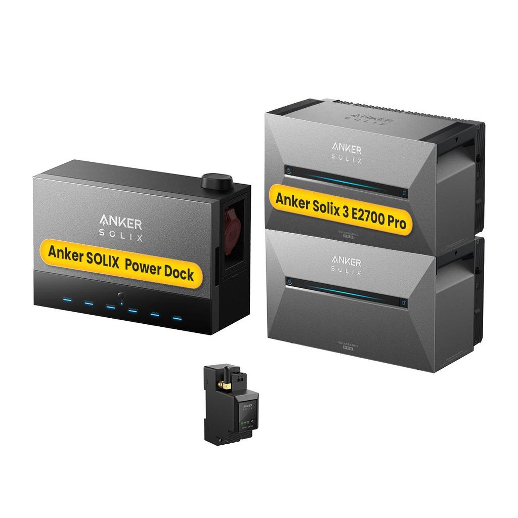 Powerness Balkonkraftwerk mit Speicher, Anker Multisystem SOLIX Solarbank Power Dock mit 2x Solarbank 3 E2700 Pro Speicher und Anker Smart Meter