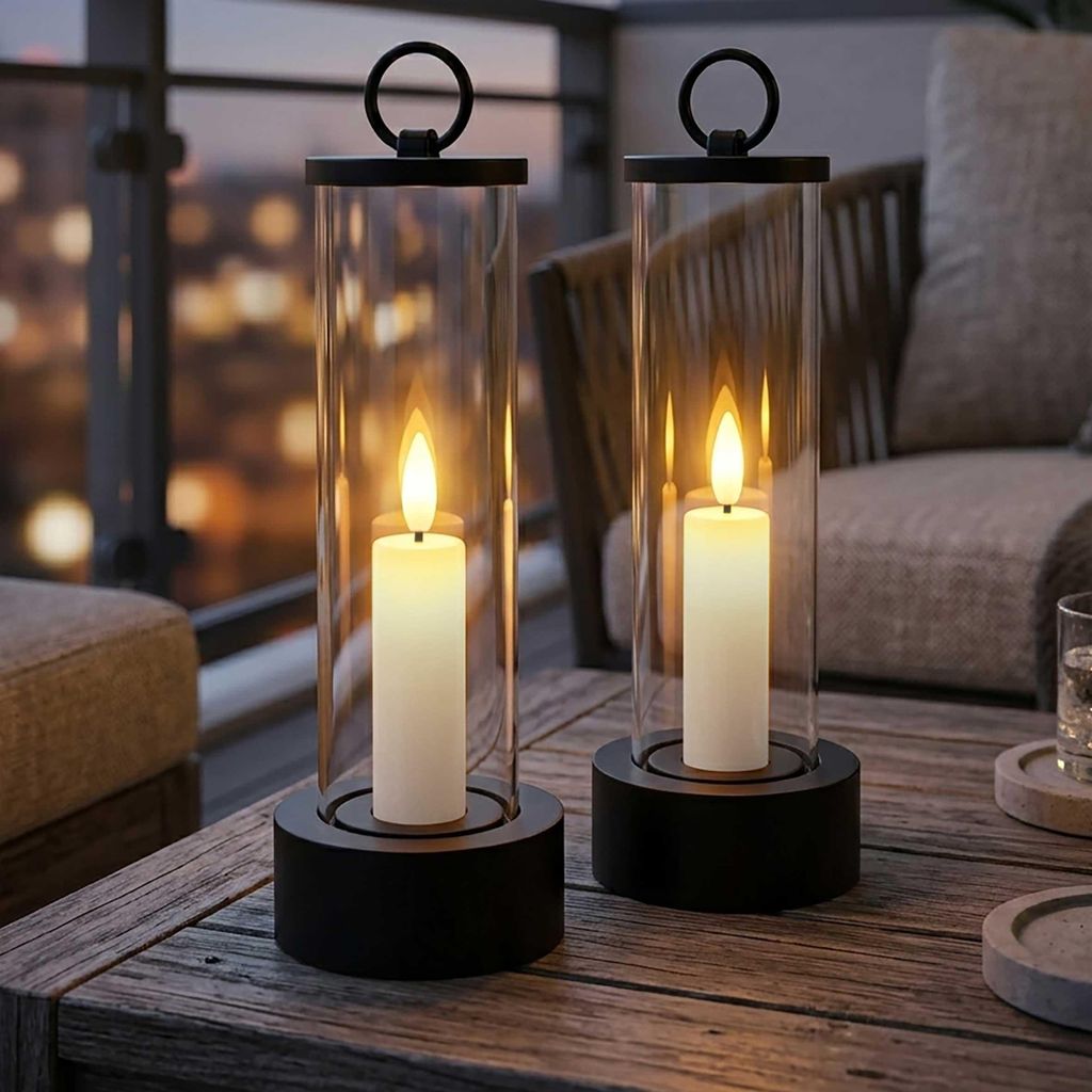 Outdoor LED Kerze im Glas batteariebetrieben mit Flammen Effekt und Timer - 2er Set - Tischkerze im Windlicht 20 x 7 cm für Außen