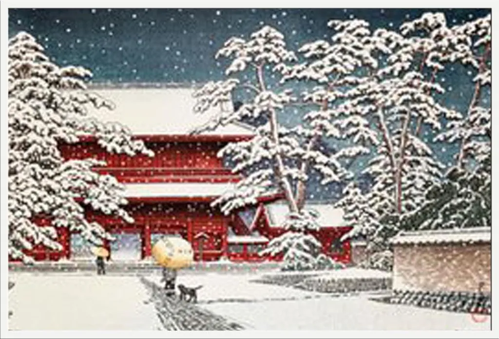 Affiche Kawase Le Temple Zojo sous la neige avec Cadre Shinsuke Blanc