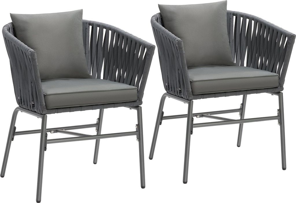 Two gray woven chairs with gray cushions and pillows are shown against a white background.