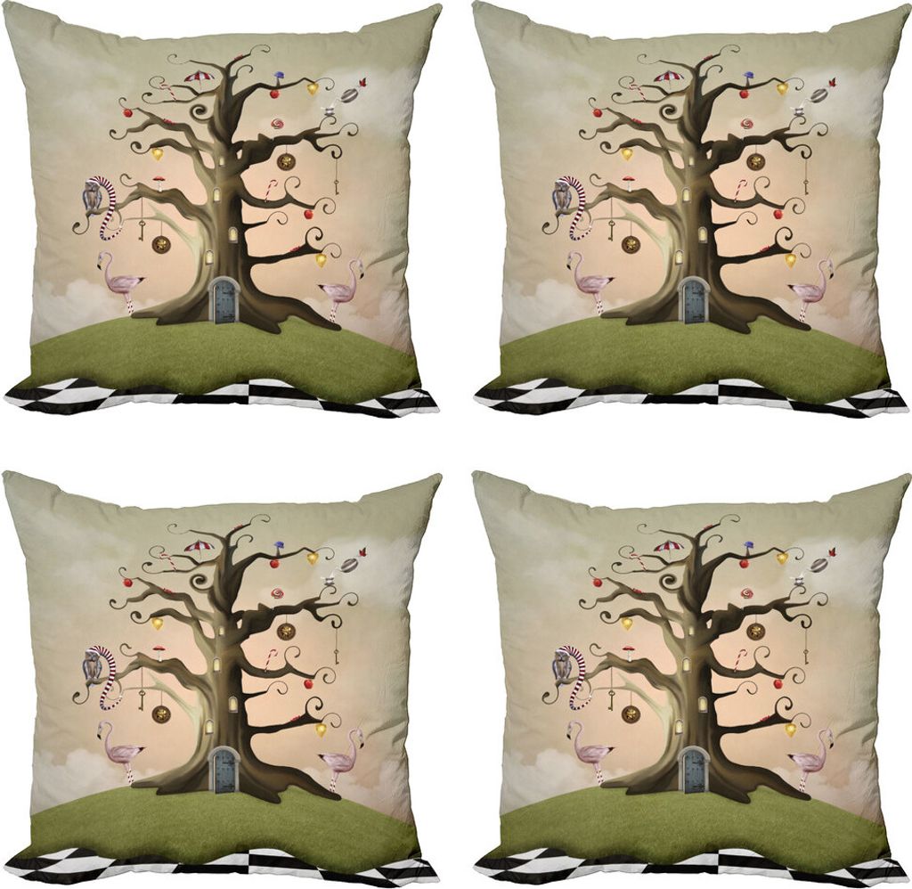 ABAKUHAUS Baum Kissenbezug Set (4 Stück), Verzierte Leafless Bole, Moderner Doppelseitiger Digitaldruck, 45 cm x 45 cm, Mehrfarbig