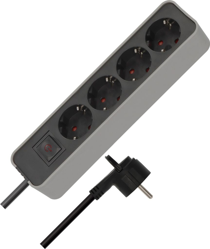A black and gray power strip with a black plug and cable is shown against a white background.