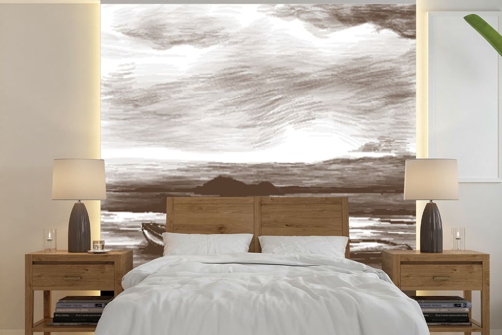 MuchoWow Fototapete für Wohnzimmer oder Schlafzimmer Wandtapete Vinyl Motivtapete Boot - Meer - Schwarz - Weiß - 220x220 cm - Tapeten
