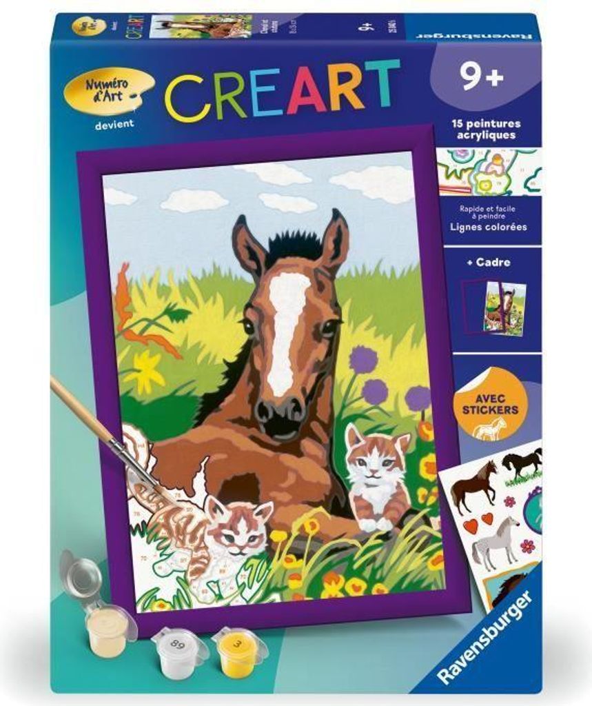 Malen nach Zahlen Set CreArt Kids Pferd und Kätzchen, 18x24cm, Ab 7 Jahren, Inklusive Rahmen, Pinsel und Farben, Ravensburger