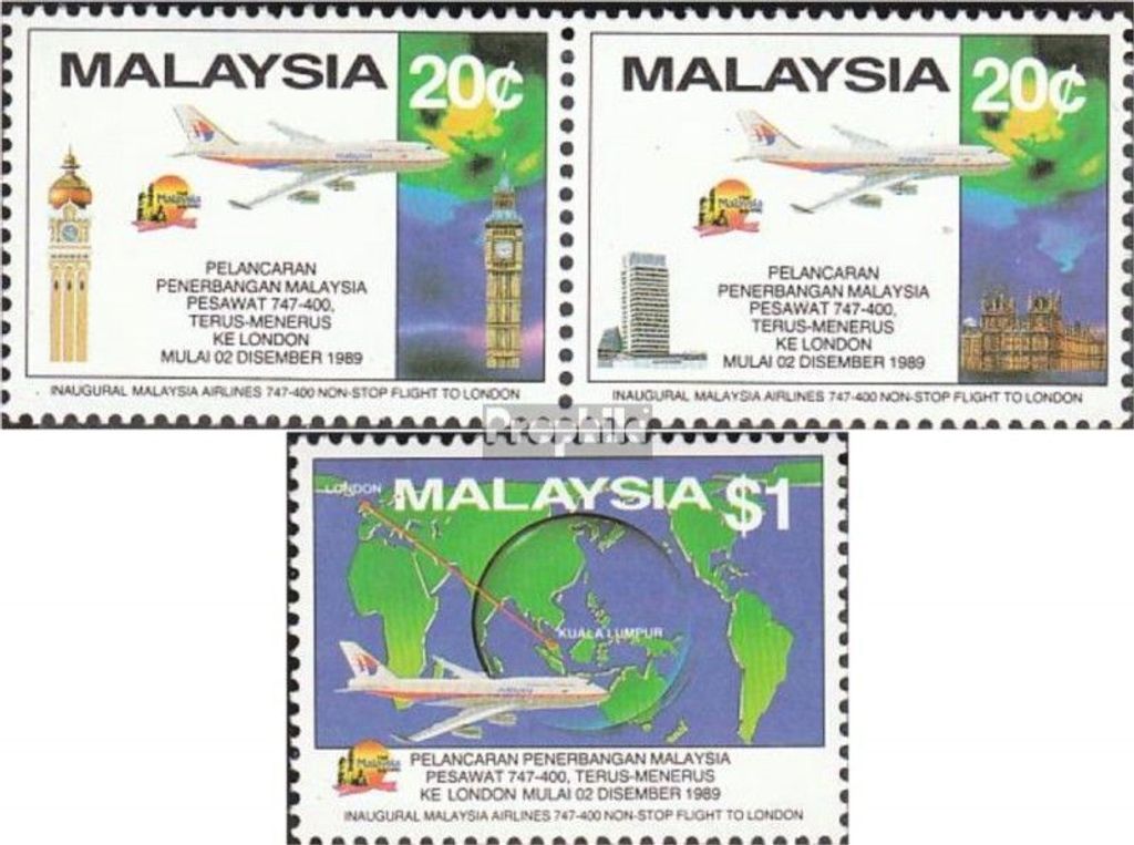 Briefmarken Malaysia 1989 Mi 413-415 Paar (kompl.Ausg.) postfrisch Eröffnung Direktfluglinie