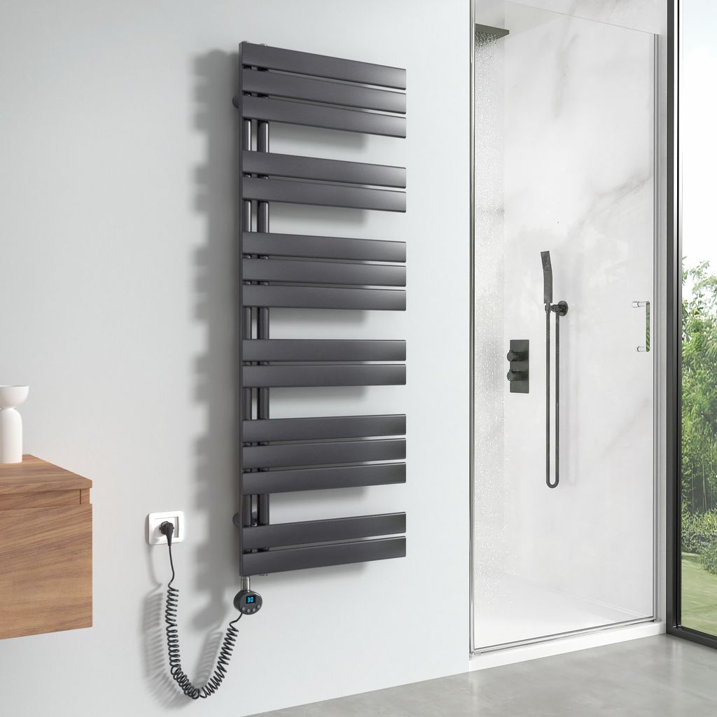Meykoers Handtuchtrockner Elektrisch Anthrazit Heizkörper 1385 x 500mm Asymmetrie Design Badheizkörper mit Timer Thermostat 800W Handtuchwärmer ...