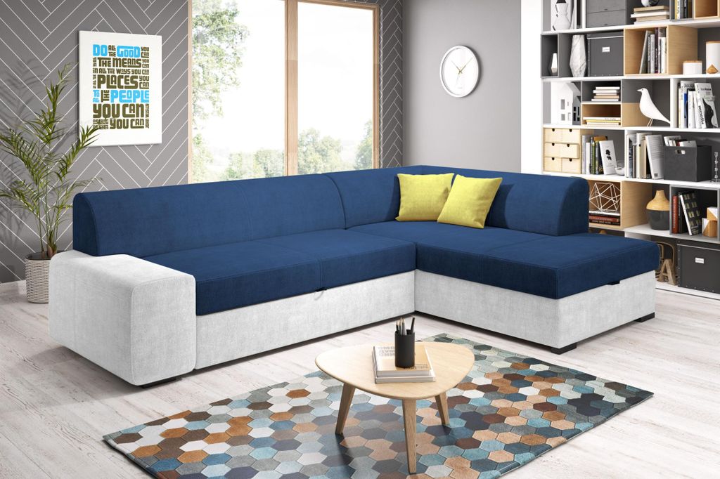 Ecksofa VALTRUDA – weiß/blau/gelb, rechte Ecke