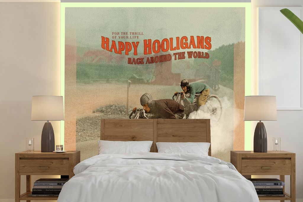 MuchoWow Fototapete für Wohnzimmer oder Schlafzimmer Wandtapete Vinyl Motivtapete Mancave - Motor - Räder - Vintage - 300x300 cm - Wanddekoration