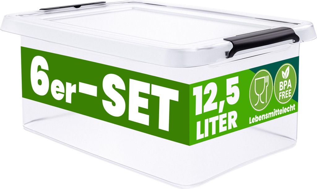 DEUBA 6x Aufbewahrungsbox mit Deckel 12,5L Box Kunststoff Kisten lebensmittelecht BPA frei Klickverschluss transparent stapelbar Küche Schlafzimmer