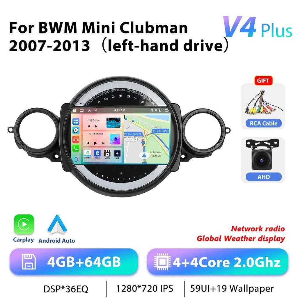 BMW Mini Clubman 2007-2013 - Android 13 Autoradio mit CarPlay und GPS - 23 cm Touchscreen Doppel-DIN - 4+64 GB Speicher - 2,0 GHz Prozessor - AHD R...