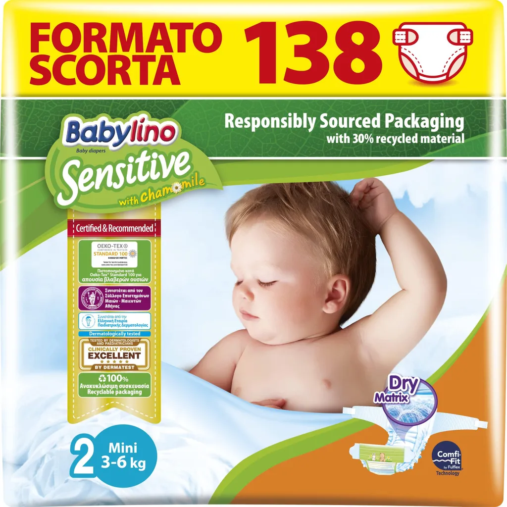 Babylino Sensitive Couches Mini Taille 2 (3-6kg) - Pack de 138 Pièces
